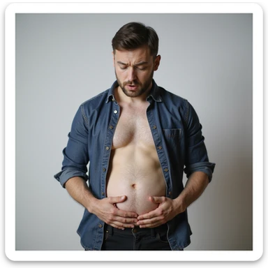 realistic close-up of the face of a 28-year-old man confused while looking at his bloated stomach, neutral background sticker