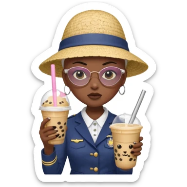 A Angry Teen Female with Dark skin and Bald, wearing a Uniform outfit, a Sunhat, Sunglasses, carrying a Enchanted staff, working as a teacher, while drinking Bubble tea and reading a Comic.
 sticker