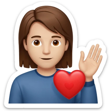 A white man with medium long brown hair holding out a heart sticker