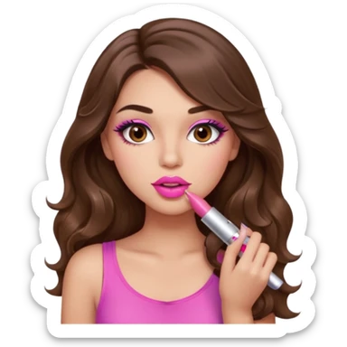 girl with long wavy brown hair, brown eyes, light to medium complexion, in a pink sexy top, pink lips, long lashes, puckered lips, putting on lipstick sticker