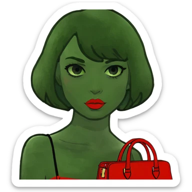 Blonde girl with short hair with green eyes red lips and she gives a kiss with holding a birkin bag sticker