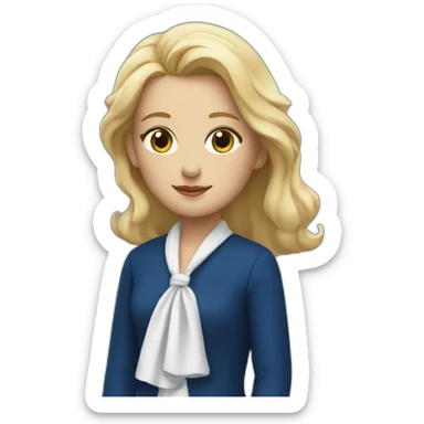 blonde girl in deep blue suit with white shawl sticker