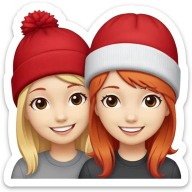 girls smiling with beanie hats blonde hair and red hair sticker