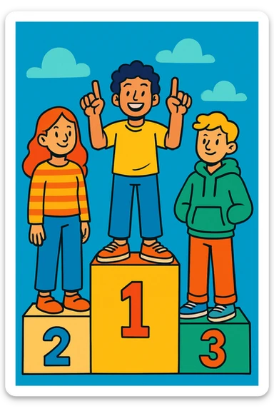 Winners’ podium with three people, numbers 2, 1, 3 left to right. All in relaxed, casual clothes. Center person on 1 step raises one finger on each hand. Cheerful, expressive, friendly style. sticker
