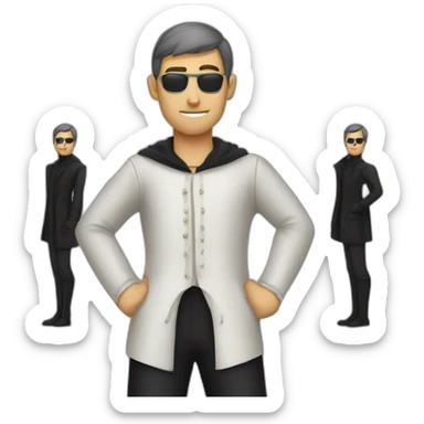 medieval evil spy putting normal clothes over a black suit sticker