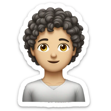 Iranian white boy with curly hair, small lips, dark eyes, putting off shoulders sticker