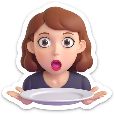 hungry woman with big eyes, open mouth, and empty plate in front of her sticker
