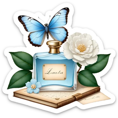 A nostalgic composition of an antique perfume bottle with a crystal stopper, an old love letter, and a single pale blue butterfly resting atop a white camellia.
 sticker