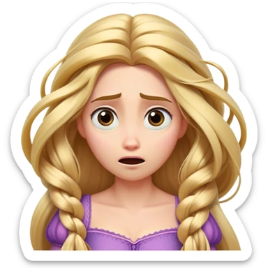 Cinematic Funny Rapunzel Portrait Emoji, Looking exhausted while tangled in her own hair, a dramatic sigh, eyes rolling with humorous exasperation, a hilariously relatable moment for the long-haired princess! sticker
