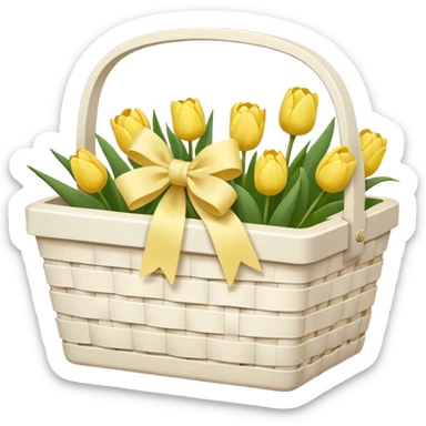 A white Picnic basket with yellow pastel bow, white peonie, tulips sticker