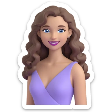 emoji of a pretty woman with a sweet smile, long slightly curly ash brown hair, blue eyes, nude lipstick, in a snug lilac dress, radiating chic and elegant vibes sticker