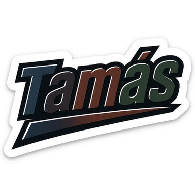Text image of the name 'Tamás' in a masculine, modern, gradient font with precise Hungarian characters, dark contour, extra thick, prominent white border as in sample images, dynamic slanted underline, masculine color shades (blue, gray, burgundy, green, brown), 1000x1000 px, PNG, transparent background. sticker