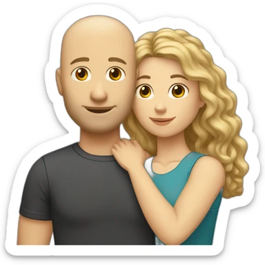 caucasian bald man and a caucasian woman with long curly dark hair and bangs hugging sticker