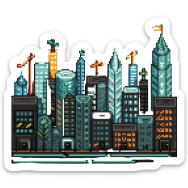 cityscape with economic symbols like upward arrows, coins, and buildings sticker