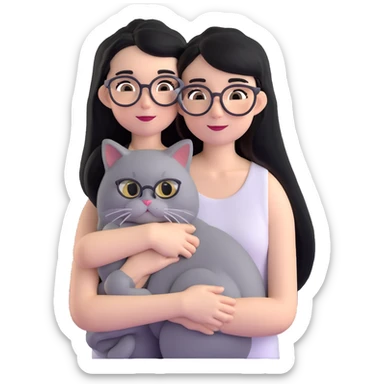 Skinny woman with oval glasses, long straight black hair, wearing white sleeveless top, hugging a grey Persian-Angora cat, plain background sticker