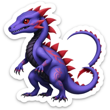 Rare warm-colored exotic gloomy tropical edgy cute epic aesthetic spooky indigo purple white black red gothic colorful Salandit-charmeleon-sergal-species-Fakemon-hybrid-creature, with tribal tattoo markings, full body sticker