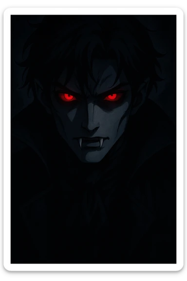 anime vampire face with glowing red eyes, deep shadows, mysterious aura, sharp fangs sticker