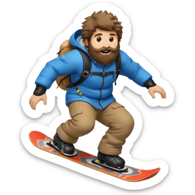 big round super harry guy snowbording down mountain haryyer more hair on his bcak and face sticker