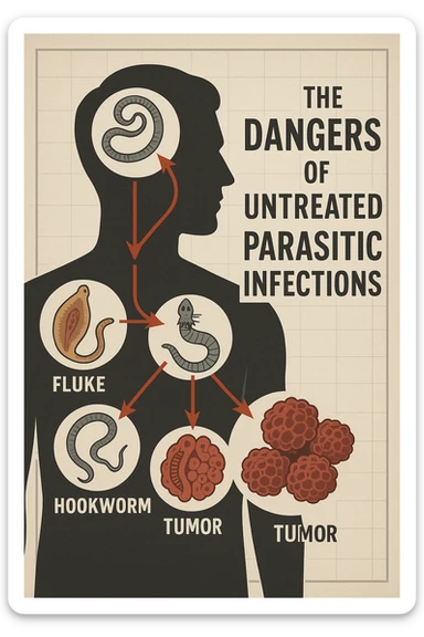 a man’s silhouette is filled with stylized images of parasites and tumor cells, connected by red lines or arrows to show cause and effect. The background features a medical chart or infographic about the dangers of untreated parasitic infections. The overall tone is serious and educational. sticker