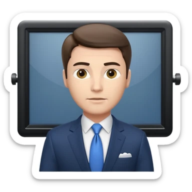 a male news anchor sits sideways, with a screen with a prompter in front of him sticker