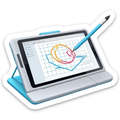 Create an emoji for 3D visualization and modeling. Show wireframe model that pops out from the screen of a large graphic tablet with a stylus drawing in a 3D modeling program. Use modern, professional colors. Do not include any emojis or smiley faces. Make the background transparent. sticker
