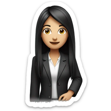 marketing girl, computer in hand, black long hair  sticker