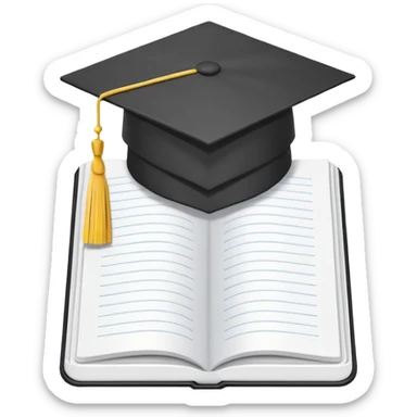 Front-facing school notebook with a small graduation cap on top, minimal line-art, clean modern style, straight angle, simple outlines, slightly 3D, no background, transparent, represents “school / sixth form / Year 13 sticker