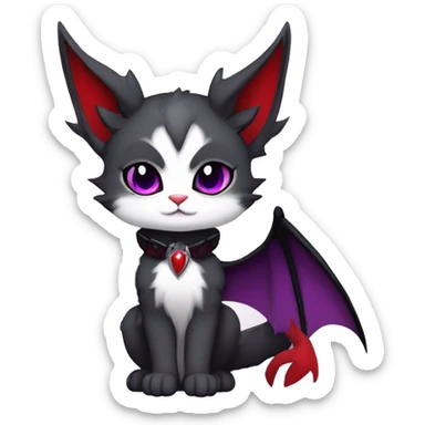 Anthro-Cute-Edgy-Cool-Vampiric-Batty-Cat-Black-Purple-Red-Grey-White-Yellow-Contrast-Colors-Fantasy-Fur-Sona-Chibi-Shiny-Fakémon-Hybrid with horns and fangs and collar full body sticker