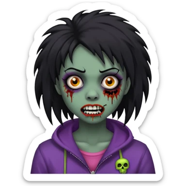 girl, zombie, black coily hair, medium long, emo, shaggy, dark, spooky, piercing on eyebrow, colourful teeth, creepy blank expression sticker