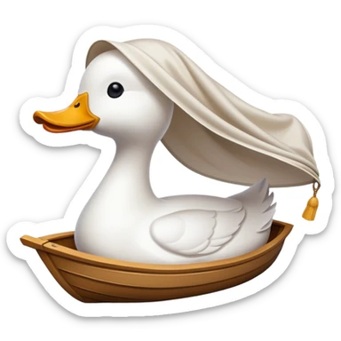 the white duck-shaped boat with a Shade cloth sticker