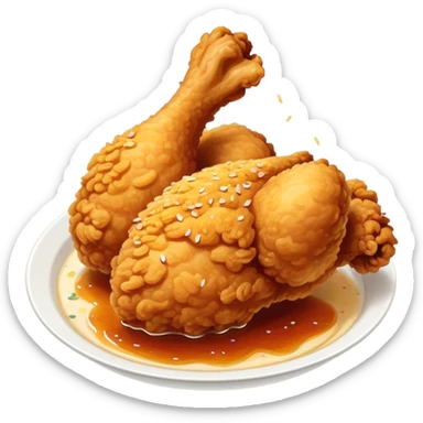 Cinematic crispy fried chicken, golden and crunchy, juicy inside, steaming as it is freshly served, sprinkled with seasoning, rich golden tones, inviting and delicious. sticker