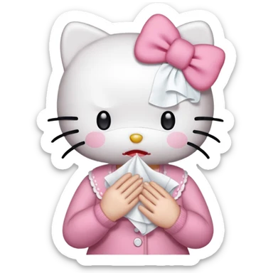 Hello Kitty from Sanrio, holding a tissue, crying, classic outfit, soft pastel background sticker