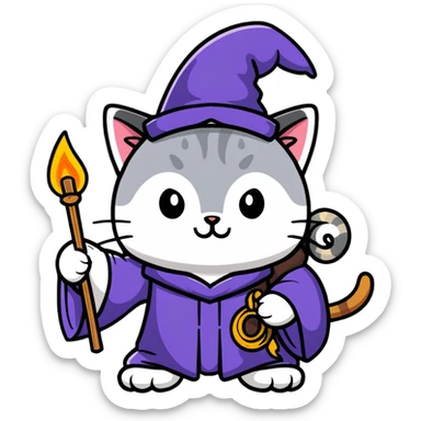 A cat wizard casting a spell with magical staff and flowing robes sticker