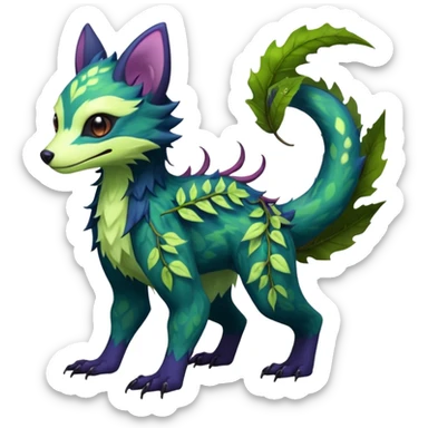 Realistic Sharp swampy mossy elemental ivy floral detailed Colorful translucent luminescent glowing Trico-Noibat-batty-Sergal-Furret-Ferret-Wolverine-Vernid-furry-fursona-fusion-Fakemon-animal-hybrid-creature, full body sticker