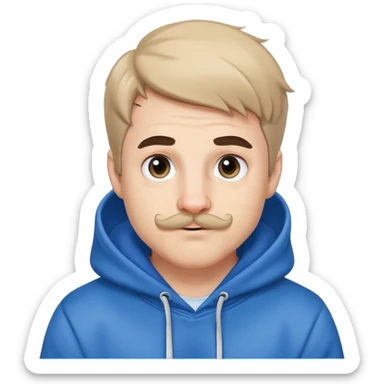 Mr. Beast wearing a blue hoodie, small ferret mustache, small light beard, playful expression sticker