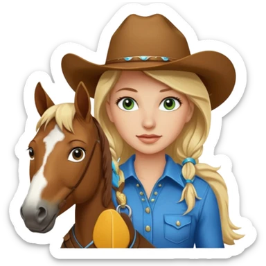 una cowgirl bionda con occhi azzurri/verdi sopra un quarter horse con criniera marrone sticker