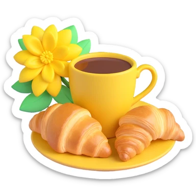 A yellow cup of coffee with a flower on top and a yellow bow, next to a croissant, in a warm, cozy setting. sticker