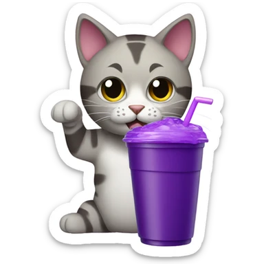 Cat holding styrofoam cup with purple juice sticker