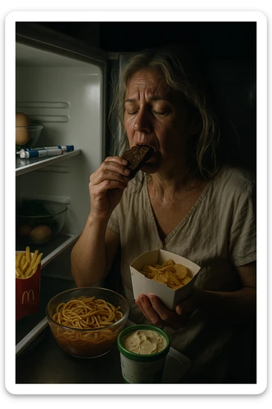 Menopausal woman binge-eating at 2AM after night sweat, fridge light illuminating insulin pens sticker