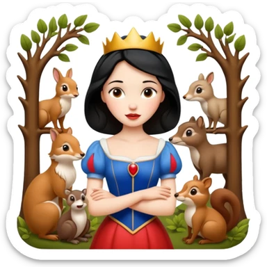Snow White emoji with woodland animals, friendly and gentle, classic princess look sticker