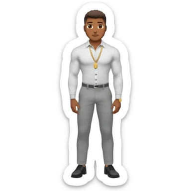 Handsome Black guy with brown skin tone, with lean muscular build, wearing gray slacks, a long sleeved white button up top, black shoes, and a small gold chain sticker