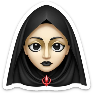 Emoji style, gothic religious icon inspired by madonna imagery, single eye motif formed from black metal, draped metallic folds, high-fashion avant-garde aesthetic, heavy sculptural form, no glow, no neon, flat minimalist emoji, centered, transparent background sticker