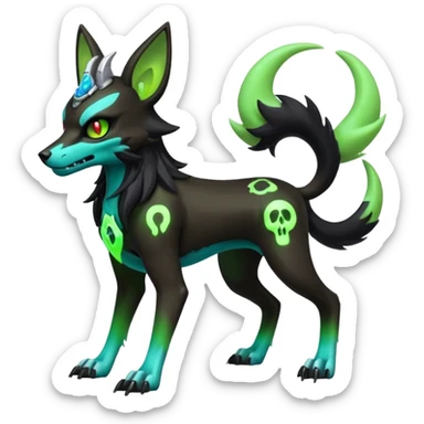 Hyper realistic horned slim skeletal black and neon green futuristic shiny colorful bioluminescent cyber-Poochyena-Lycanroc-Zorua-Litten-Houndoom-Fakémon-Pokémon-Digimon-hybrid-fusion (full body) with a skull face sticker