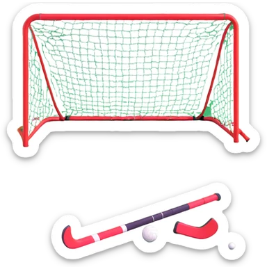 field hockey equipment on lush green pitch with goal in background sticker
