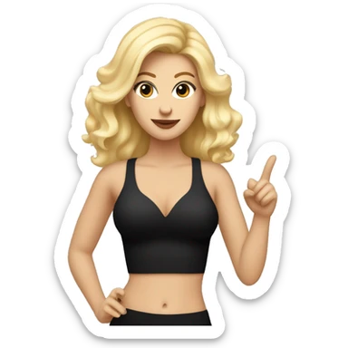 Emoji of a white woman with blonde hair in a black mini dress bra inside, confidently pointing forward with finger with a stylish, influencer vibe sticker