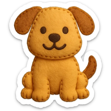 <StylePrompt>
  <Name>Felt Appliqué Plush Style</Name>
  <Description>A soft, handcrafted look inspired by plush felt fabric with visible stitching and a padded 3D texture, rendered on a solid black background.</Description>
  <VisualProperties>
    <Material>Felt</Material>
    <Texture>Soft, fuzzy, with slight fiber detail</Texture>
    <Stitching>
      <Type>Thick thread</Type>
      <Color>Orange or slightly darker tone than fabric</Color>
      <Pattern>Uniform running stitch along outer edge</Pattern>
    </Stitching>
    <Padding>High, plush-like 3D depth</Padding>
    <Edges>Rounded corners</Edges>
    <ColorPalette>
      <Primary>Warm yellow/orange tones</Primary>
      <Accent>Brown or dark orange for facial features and outline</Accent>
      <Background>Black</Background>
    </ColorPalette>
  </VisualProperties>
  <Rendering>
    <Lighting>Soft, even studio lighting</Lighting>
    <Shadows>Subtle drop shadows for depth</Shadows>
    <Perspective>Flat front-facing, symmetrical if applicable</Perspective>
  </Rendering>
  <Applicability>
    <SubjectType>Any object, animal, or letterform</SubjectType>
    <OutputFormat>Icon, emoji, patch-style graphic</OutputFormat>
  </Applicability>
</StylePrompt>

{subject} = dog sticker