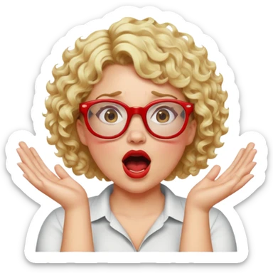 A blonde woman with short curly hair, slightly overweight, wearing red-framed glasses, shouting with hands cupped around her mouth sticker