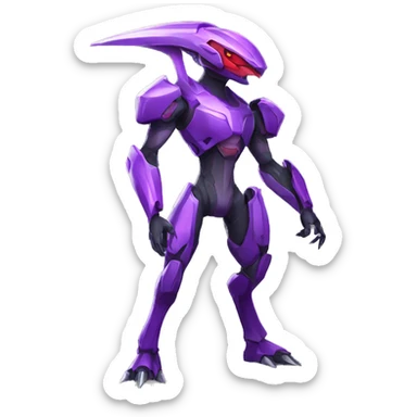 a purple-red Genesect-Raptor-Fakémon—hybrid with a futuristic visor-helmet full body sticker