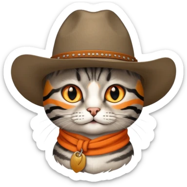 Gray short haired male tabby cat wearing a cowboy hat sticker