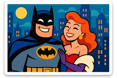Batman with a woman in glamorous attire, both smiling, vibrant toon style, city background, lighthearted mood sticker